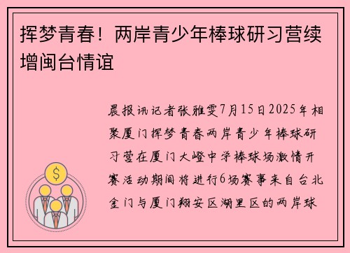 挥梦青春！两岸青少年棒球研习营续增闽台情谊