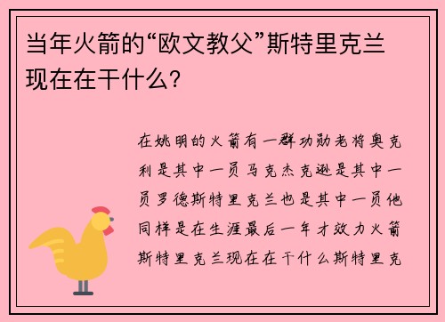 当年火箭的“欧文教父”斯特里克兰现在在干什么？